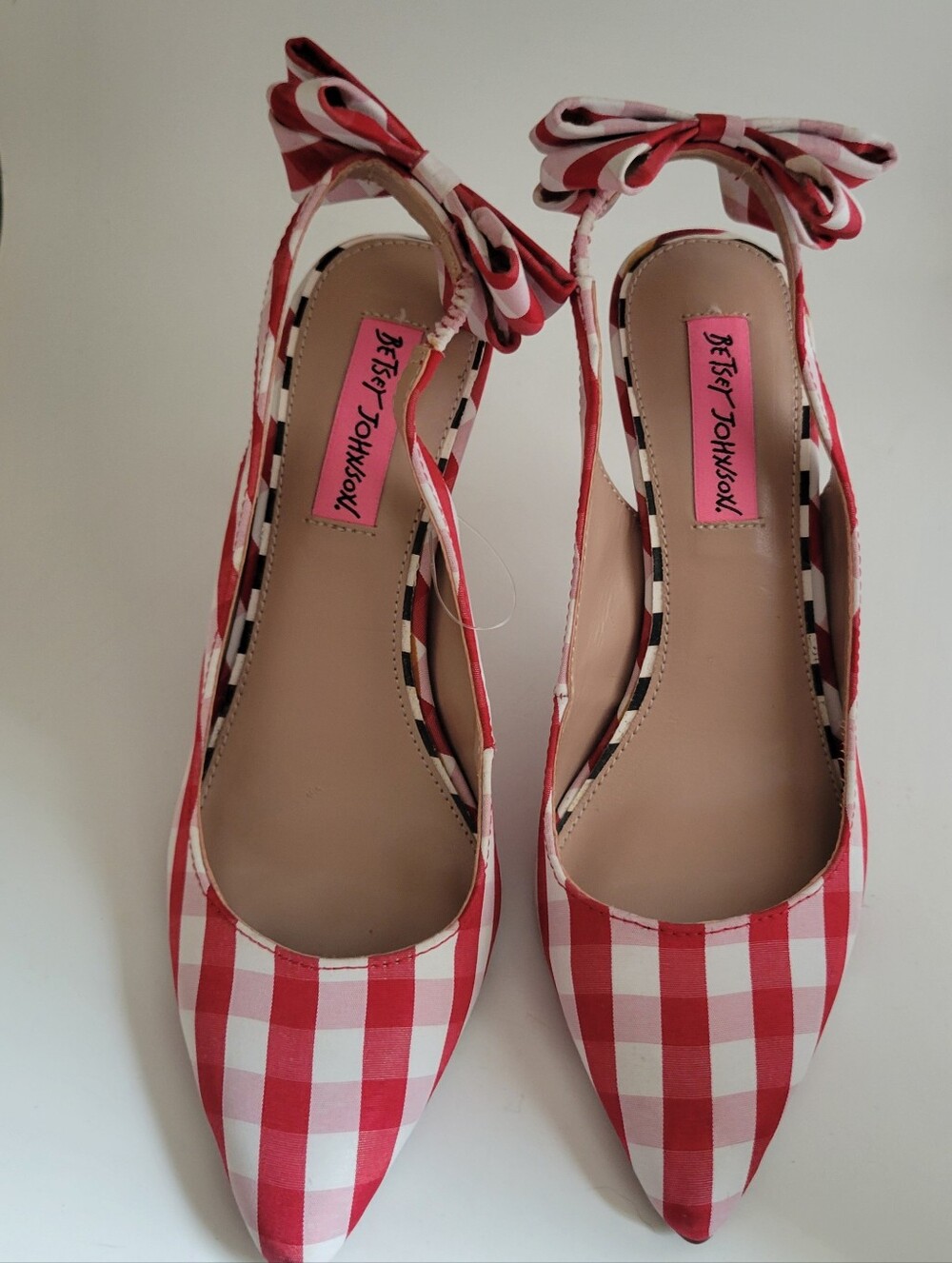 Betsey Johnson Ginjet Red and White Gingham Slingback Heels with Ankle Bows - Picture 3 of 11